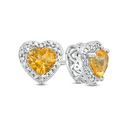 2/7 CT Heart Shape Simulated Orange Citrine & Cubic Zirconia Halo Style Stud Earrings With Push Back 14K White Plated 925 Sterling Silver (0.30 cttw)