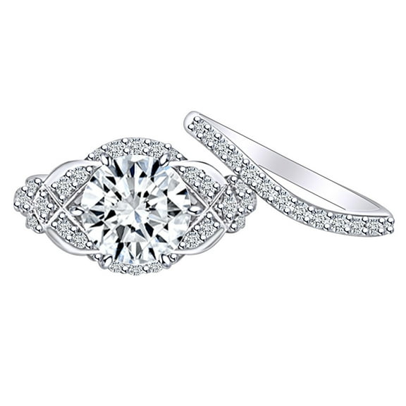 AFFY 2.7 Carat Round Shape Moissanite & Natural Diamond Vintage Style Engagement Ring 14K Solid White Gold Ring Size-5