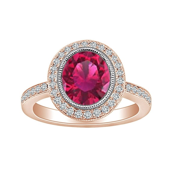 AFFY 2.7 Carat Simulated Ruby & White Natural Diamond Halo Engagement Ring In 14k Solid Rose Gold Ring Size-7.5