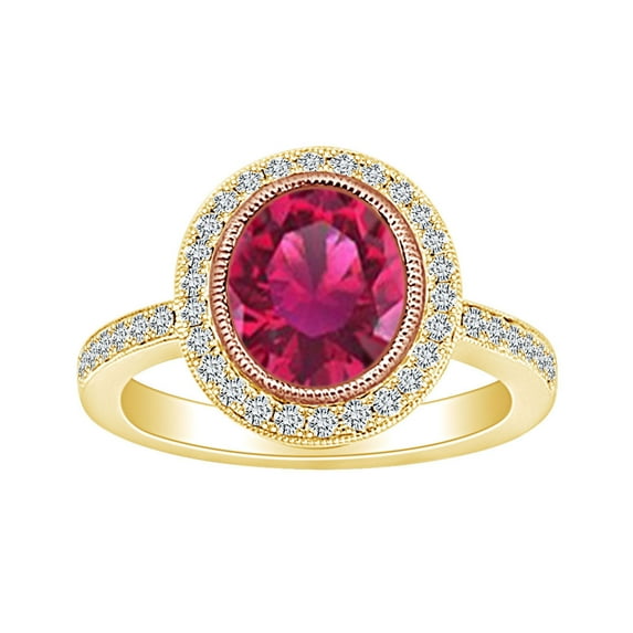 AFFY 2.7 Carat Simulated Ruby & White Natural Diamond Halo Engagement Ring In 14k Solid Yellow Gold Ring Size-5