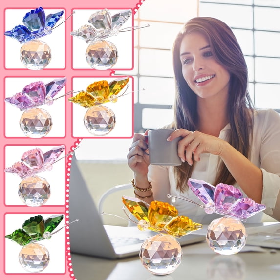2.7" Crystal Butterfly Figurine on Glass Ball Base Faceted Glass Animal Statue Desktop Decor for Home Office Tabletop Ornament Wedding Gift Collectible 6PCS