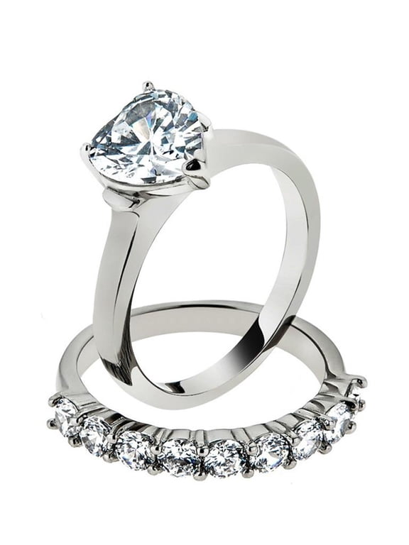2.7 Ct Heart Cut Cubic Zirconia Stainless Steel Wedding Ring Set Women's Size 6