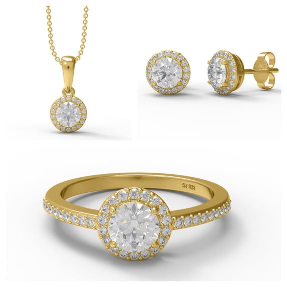 2.7 Ct Round Moissanite Diamond 925 Sterling Silver Gold Vermeil Solitaire Halo Women Ring Pendant Earring Set