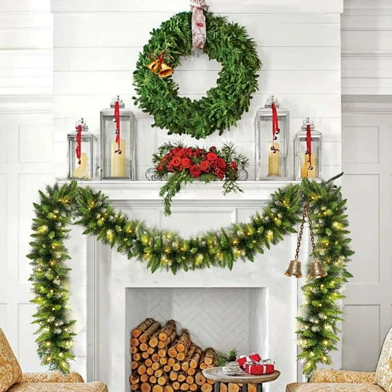 2.7 Meter LED Christmas Garland, Battery Powered Artificial Pine Needle Wreath with Warm White Lights for Indoor Outdoor Mantel Tabletop Porch Holiday Decoration