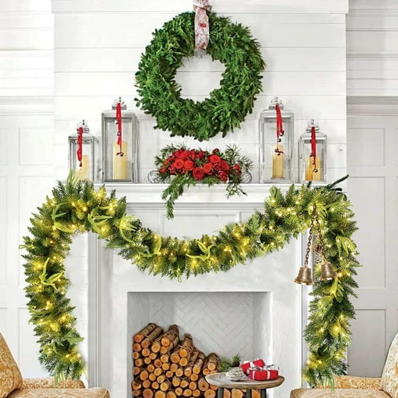 2.7 Meter LED Christmas Garland, Battery Powered Artificial Pine Needle Wreath with Warm White Lights for Indoor Outdoor Mantel Tabletop Porch Holiday Decoration