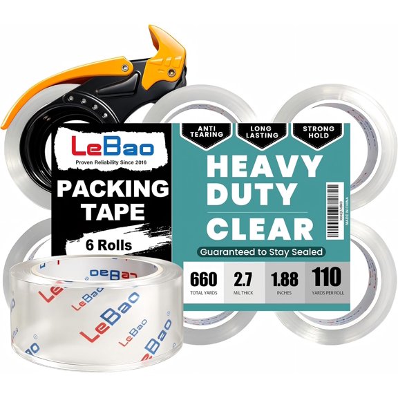 2.7 Mil Ultra-Thick [Pro-Seal] Heavy Duty Packing Tape with [Safe-Click] Full Metal Dispenser, 6 Rolls (1.88 Inch x 660 Yards Total), Clear Shipping Tape for Moving, Lock-N-Go Anti-Recoil