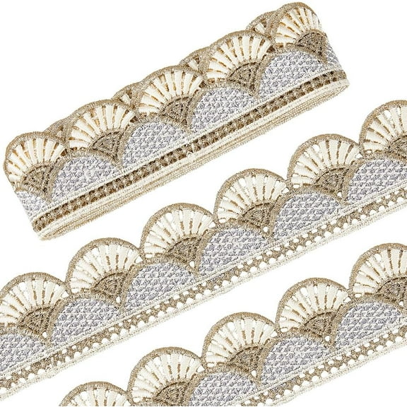 2.7 Yards Gold Grey Metallic Floral Embroidery Ribbon 1.8 Inch Wide Vintage Scallop Venice Lace Trim Fringe Edging Trimming Sewing Fabric for Bridal Wedding Dress Clothing DIY Crafts