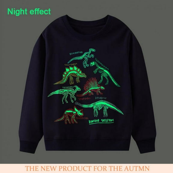 2-7 Years Toddler Boy Sweatshirt Glow in The Dark Dinosaur Shirts Long Sleeve Crewneck Solid Cotton Pullover Tops