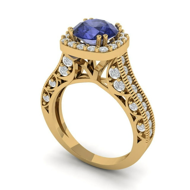 2.7 ct Brilliant Round Cut VVS1 Tanzanite 14k Yellow Solid Gold Halo Solitaire with Accents Wedding Bridal Anniversary Engagement Ring size 4.5