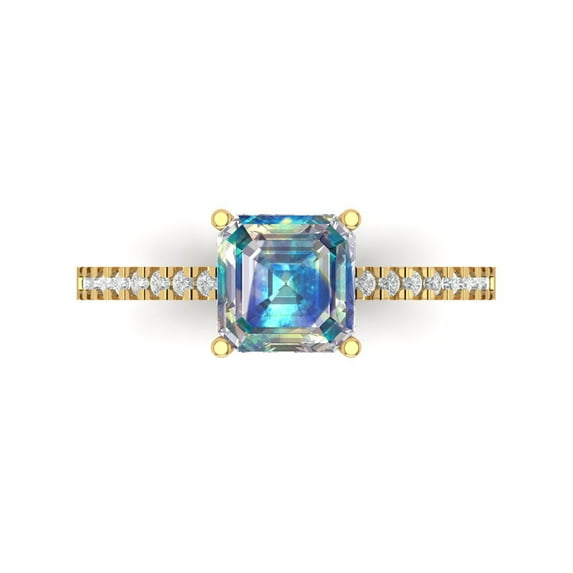 2.7 ct Cushion Cut Blue Moissanite Solitaire with Simulated Diamond Accents 14K Yellow Gold Womens Engagement Ring
