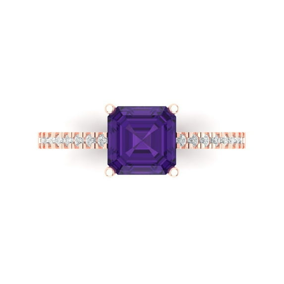 2.7 ct Cushion Cut Natural Amethyst Solitaire with Accents Engagement Ring for Women in 18K Rose Gold