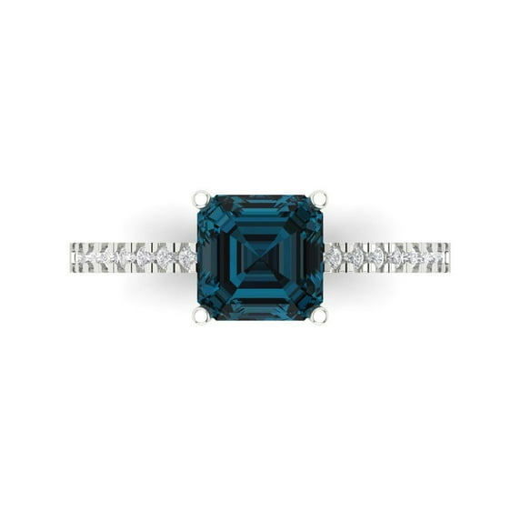 2.7 ct Cushion Cut Natural London Blue Topaz Solitaire with Simulated Diamond Accents 14K White Gold Womens Engagement Ring