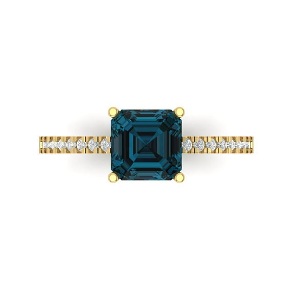 2.7 ct Cushion Cut Natural London Blue Topaz Solitaire with Simulated Diamond Accents 18K Yellow Gold Womens Engagement Ring