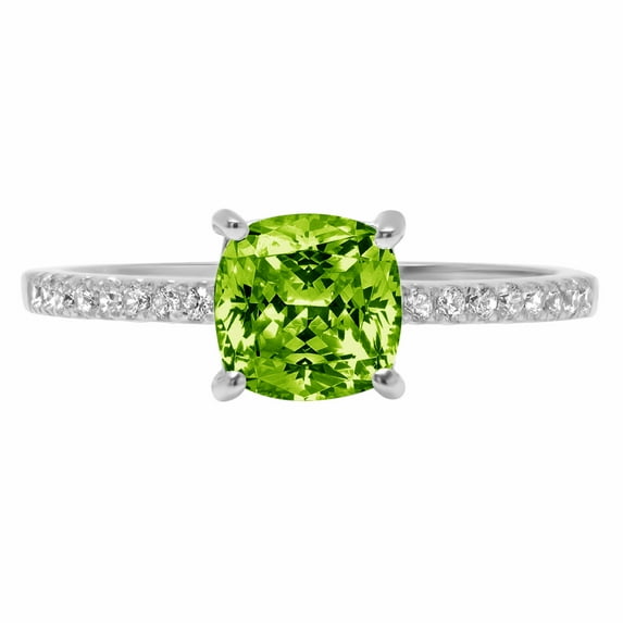 2.7 ct Cushion Cut Natural Peridot Solitaire with Simulated Diamond Accents 14K White Gold Womens Engagement Ring