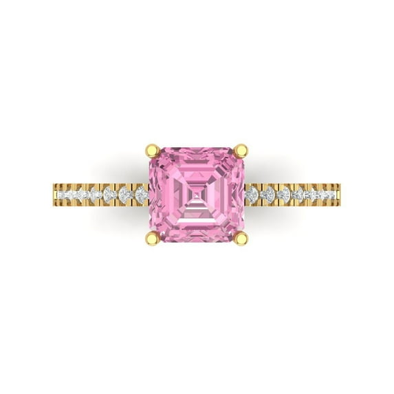 2.7 ct Cushion Cut Simulated Pink Diamond Solitaire with Simulated Diamond Accents 18K Yellow Gold Womens Engagement Ring