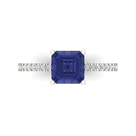 2.7 ct Cushion Cut Simulated Tanzanite Solitaire with Simulated Diamond Accents 14K White Gold Womens Engagement Ring