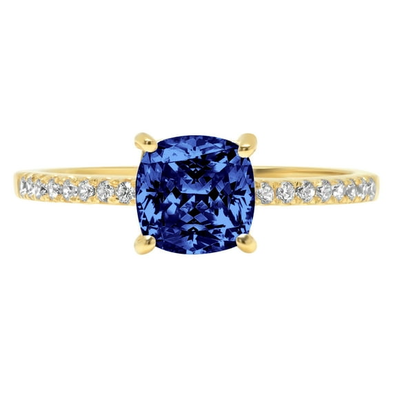 2.7 ct Cushion Cut Simulated Tanzanite Solitaire with Simulated Diamond Accents 18K Yellow Gold Womens Engagement Ring