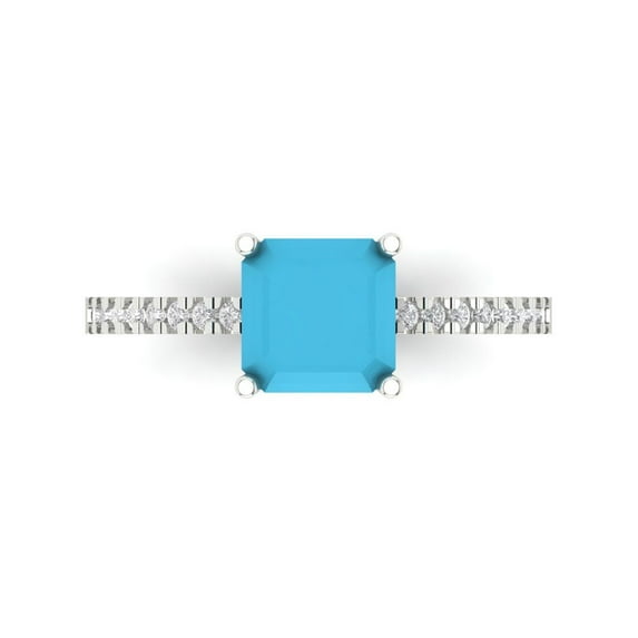 Clara Pucci 14K White Gold Solid Gold Turquoise Solitaire with Accents Anniversary Ring for Women - 2.7 cttw Cushion Cut