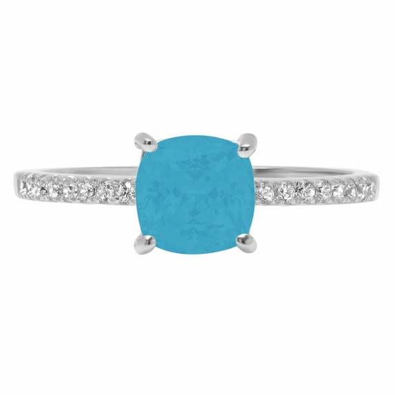 2.7 ct Cushion Cut Simulated Turquoise Solitaire with Simulated Diamond Accents 18K White Gold Womens Engagement Ring