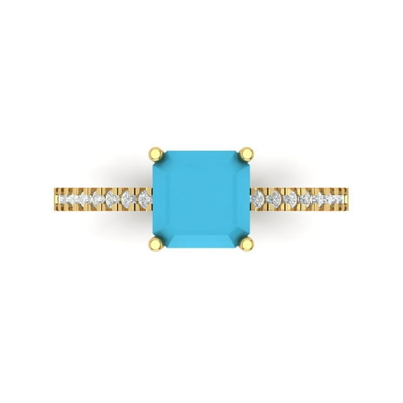 2.7 ctw Solitaire with Zirconia Diamond Accents Anniversary Ring for Women | Cushion Cut Simulated Turquoise | Hyperallergenic Solid 18K Yellow Gold