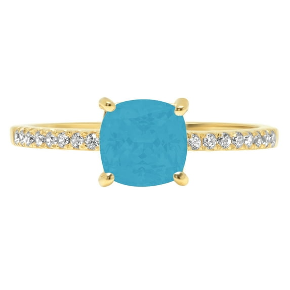 2.7 ct Cushion Cut Simulated Turquoise Solitaire with Simulated Diamond Accents 18K Yellow Gold Womens Engagement Ring