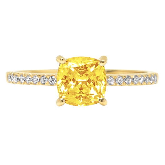 2.7 ct Cushion Cut Simulated Yellow Diamond Solitaire with Simulated Diamond Accents 14K Yellow Gold Womens Engagement Ring