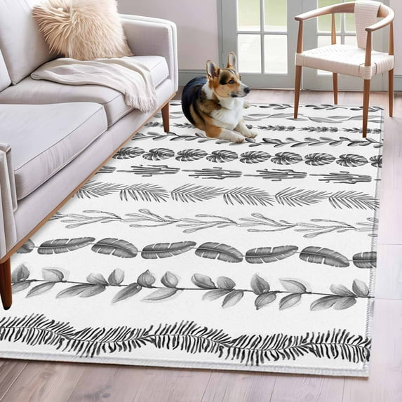 2.7'x5' Area Rugs, Black Botanical Indoor Outdoor Area Rug for Living Room Bedroom, Modern Farmhouse Tropical Leaves Washable Bathroom Rugs Kitchen Floor Carpet Mats Home Decor Aesthetic