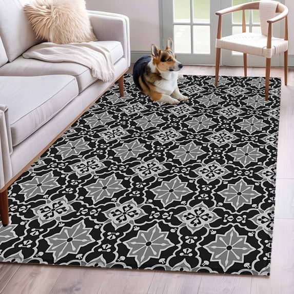 2.7'x5' Area Rugs, Black Grey Indoor Outdoor Area Rug for Living Room Bedroom, Morocco Modern Geometric Ethnic Art Washable Bathroom Rugs Kitchen Floor Carpet Mats Home Decor Aesthetic