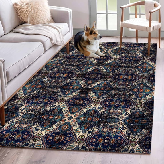 2.7'x5' Area Rugs, Boho Black Blue Indoor Outdoor Area Rug for Living Room Bedroom, Modern Abstract Geometric Retro Washable Bathroom Rugs Kitchen Floor Carpet Mats Home Decor Aesthetic
