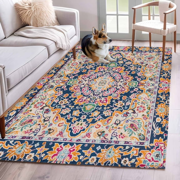 2.7'x5' Area Rugs, Boho Blue Yellow Indoor Outdoor Area Rug for Living Room Bedroom, Ethnic Vintage Mexican Flowers Southwestern Washable Bathroom Rugs Kitchen Floor Carpet Mats Home Decor Aesthetic