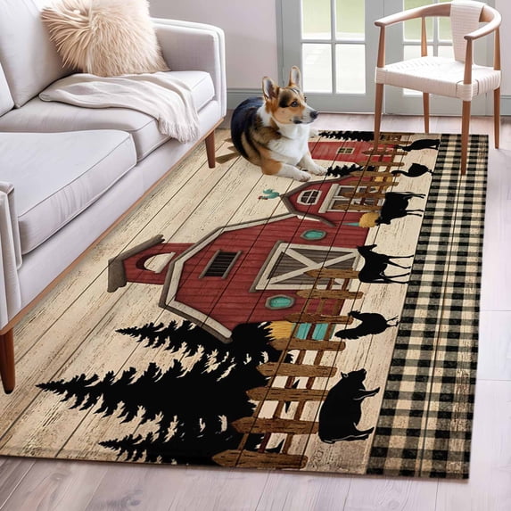 2.7'x5' Area Rugs, Brown Farmhouse Indoor Outdoor Area Rug for Living Room Bedroom, Vintage Country Animals Wood Grain Plaid Washable Bathroom Rugs Kitchen Floor Carpet Mats Home Decor Aesthetic