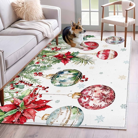 2.7'x5' Area Rugs, Christmas Balls Indoor Outdoor Area Rug for Living Room Bedroom, Red Green Xmas Botanical Snowflake Washable Bathroom Rugs Kitchen Floor Carpet Mats Home Decor Aesthetic