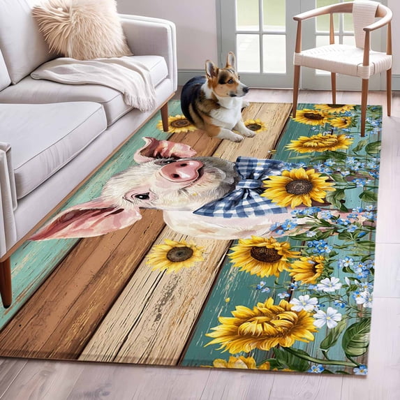 2.7'x5' Area Rugs, Cute Pig Indoor Outdoor Area Rug for Living Room Bedroom, Yellow Sunflowers Teal Brown Wooden Vintage Art Washable Bathroom Rugs Kitchen Floor Carpet Mats Home Decor Aesthetic