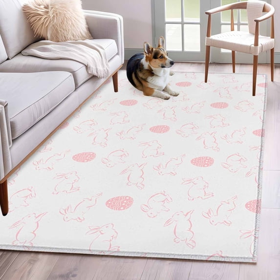 2.7'x5' Area Rugs, Easter Bunny Indoor Outdoor Area Rug for Living Room Bedroom, Pink Eggs Cute Rabbits Cartoon Washable Bathroom Rugs Kitchen Floor Carpet Mats Home Decor Aesthetic