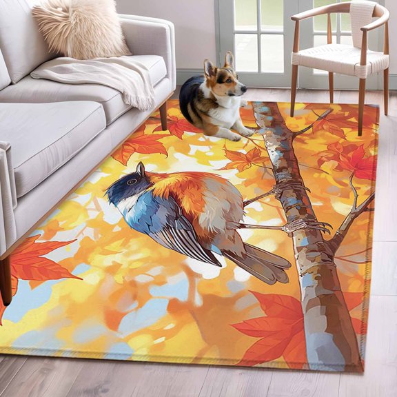 2.7'x5' Area Rugs, Fall Birds Indoor Outdoor Area Rug for Living Room Bedroom, Thanksgiving Maple Leaf Botanical Orange Washable Bathroom Rugs Kitchen Floor Carpet Mats Home Decor Aesthetic