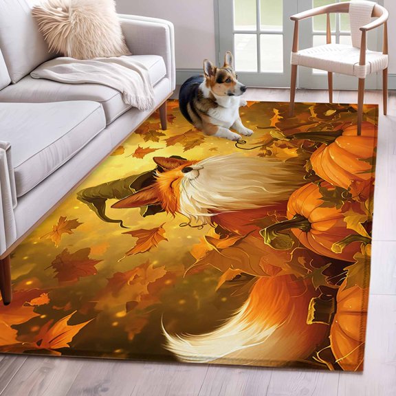 2.7'x5' Area Rugs, Fall Thanksgiving Fox Indoor Outdoor Area Rug for Living Room Bedroom, Orange Pumpkins Maple Leaf Washable Bathroom Rugs Kitchen Floor Carpet Mats Home Decor Aesthetic