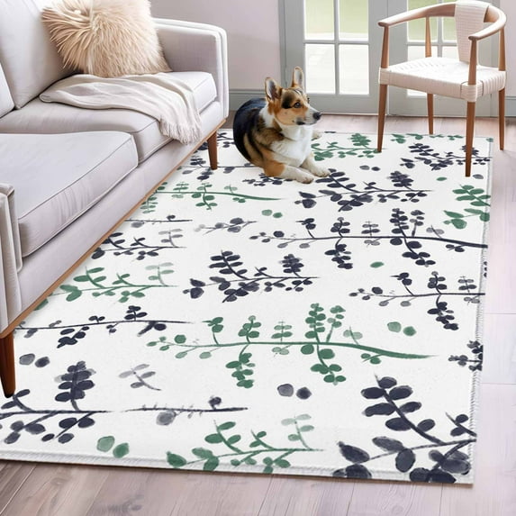 2.7'x5' Area Rugs, Green Grey Botanical Indoor Outdoor Area Rug for Living Room Bedroom, Watercolor Spring Floral Summer Leaf Washable Bathroom Rugs Kitchen Floor Carpet Mats Home Decor Aesthetic