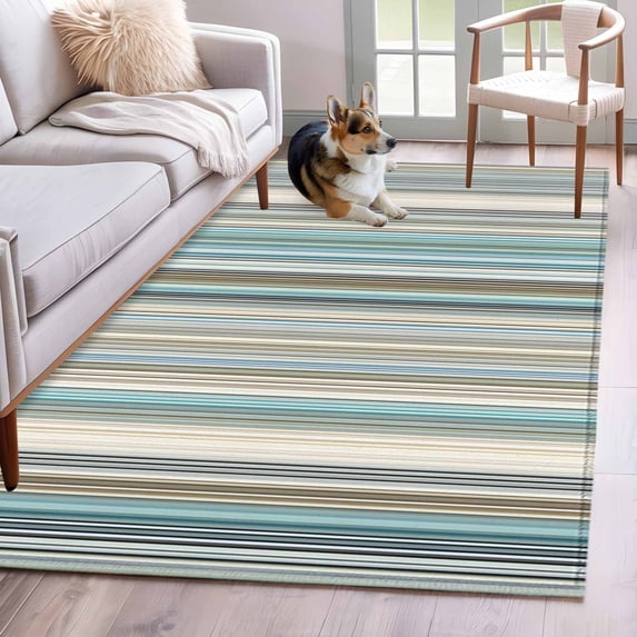2.7'x5' Area Rugs, Light Blue Striped Indoor Outdoor Area Rug for Living Room Bedroom, Farmhouse Thin Line Modern Abstract Art Washable Bathroom Rugs Kitchen Floor Carpet Mats Home Decor Aesthetic