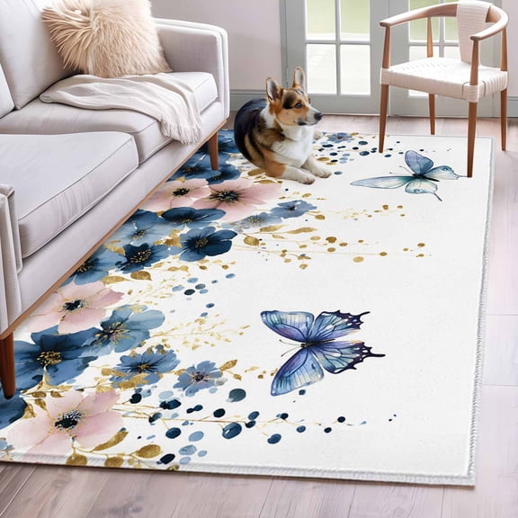 2.7'x5' Area Rugs, Navy Blue Spring Floral Indoor Outdoor Area Rug for Living Room Bedroom, Farmhouse Butterfly Watercolor Washable Bathroom Rugs Kitchen Floor Carpet Mats Home Decor Aesthetic