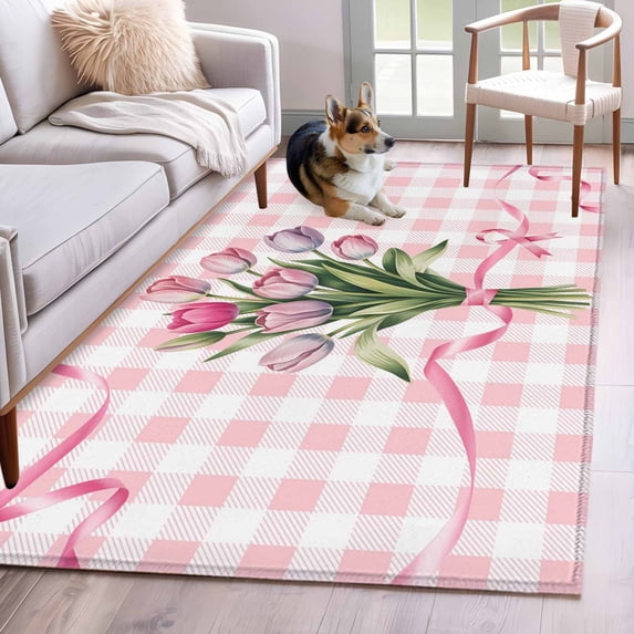 2.7'x5' Area Rugs, Pink Tulip Spring Floral Indoor Outdoor Area Rug for Living Room Bedroom, Romantic Flowers Modern Art Pink Plaid Bathroom Rugs Kitchen Floor Carpet Mats Home Decor Aesthetic