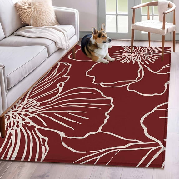 2.7'x5' Area Rugs, Red Flowers Indoor Outdoor Area Rug for Living Room Bedroom, Spring Floral Botanical Modern Art Washable Bathroom Rugs Kitchen Floor Carpet Mats Home Decor Aesthetic