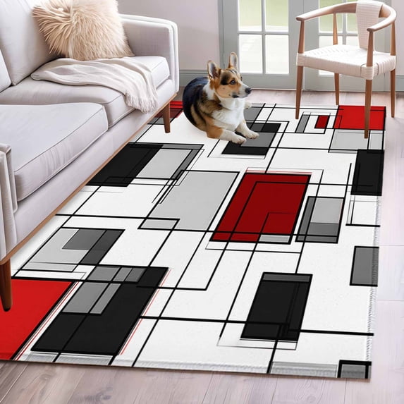 2.7'x5' Area Rugs, Red Grey Indoor Outdoor Area Rug for Living Room Bedroom, Modern Irregular Geometric Abstract Art Washable Bathroom Rugs Kitchen Floor Carpet Mats Home Decor Aesthetic