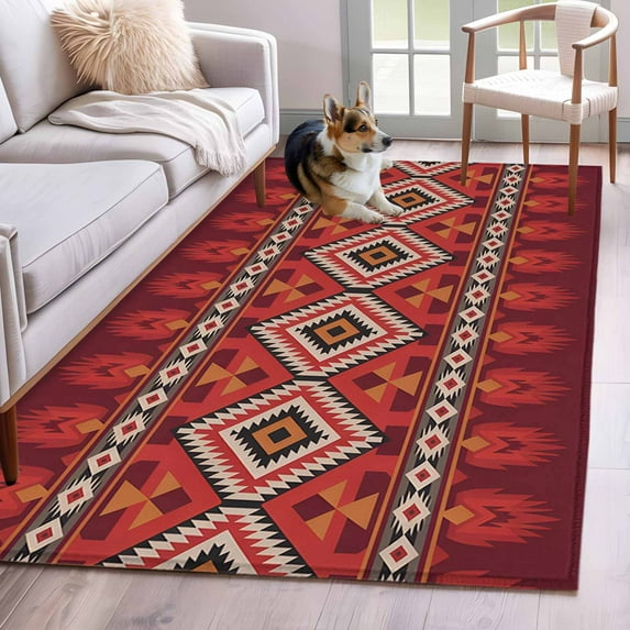 2.7'x5' Area Rugs, Red Retro Boho Indoor Outdoor Area Rug for Living Room Bedroom, Vintage Ethnic Tribe Abstract Art Washable Bathroom Rugs Kitchen Floor Carpet Mats Home Decor Aesthetic