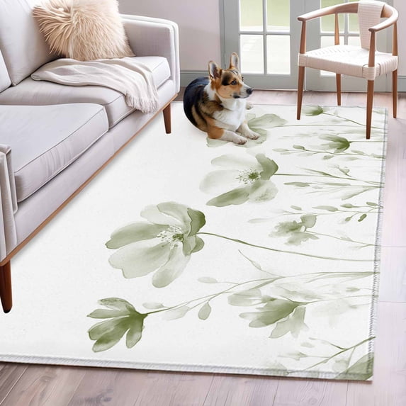 2.7'x5' Area Rugs, Sage Green Spring Floral Indoor Outdoor Area Rug for Living Room Bedroom, Watercolor Botanical Summer Flower Washable Bathroom Rugs Kitchen Floor Carpet Mats Home Decor Aesthetic