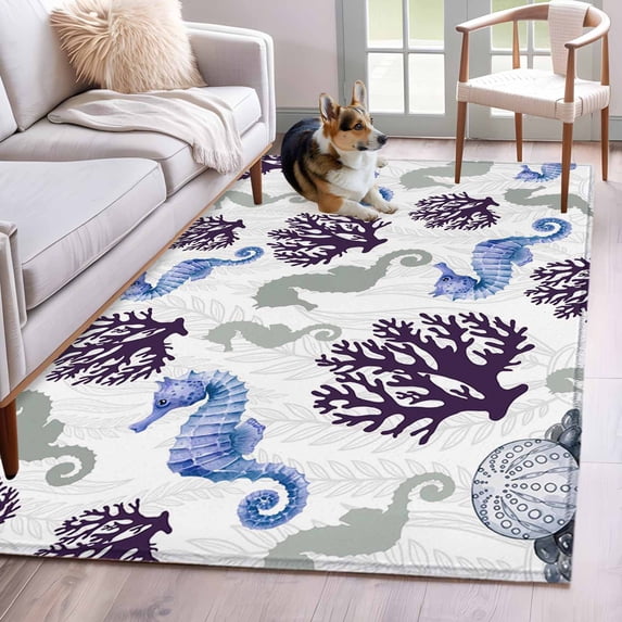 2.7'x5' Area Rugs, Seahorse Coral Coastal Indoor Outdoor Area Rug for Living Room Bedroom, Nautical Summer Beach Ocean Sea Washable Bathroom Rugs Kitchen Floor Carpet Mats Home Decor Aesthetic