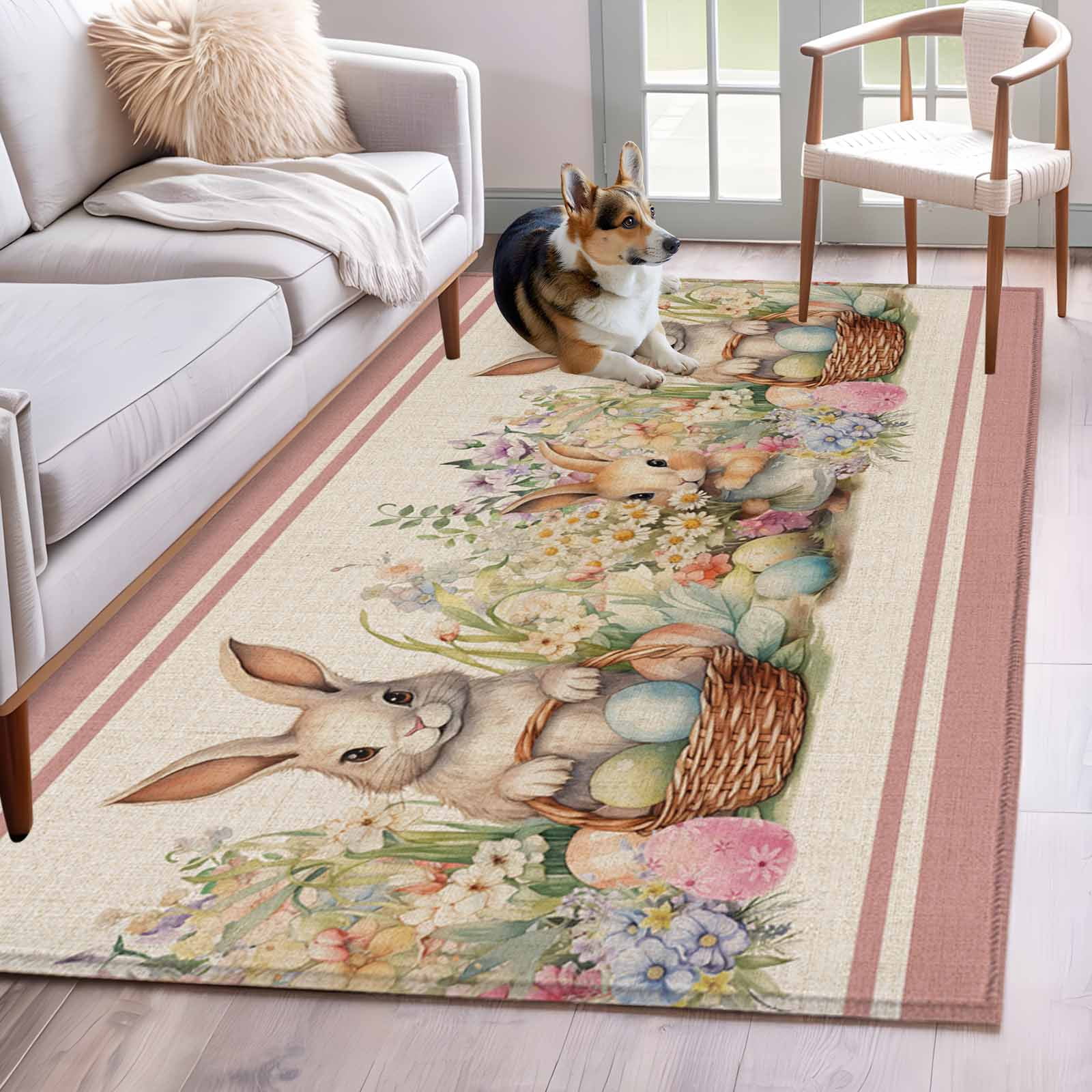 Spring Rug Painted 2.7'x5' Area Rugs, Spring Floral Eater Bunny Indoor Outdoor Area Rug ...