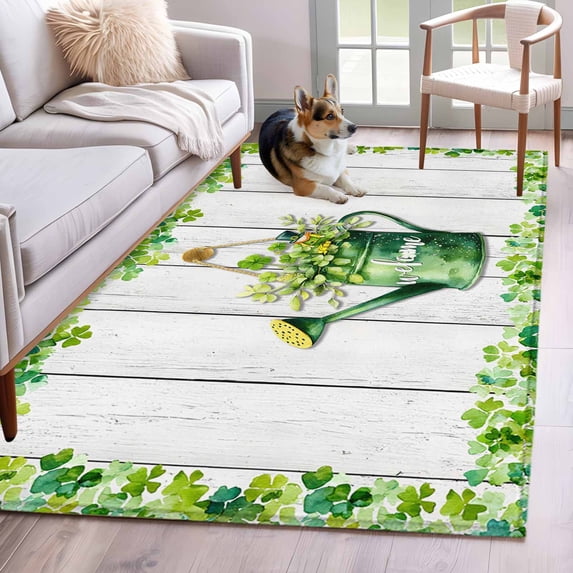 2.7'x5' Area Rugs, St. Patrick's Day Indoor Outdoor Area Rug for Living Room Bedroom, Green Lucky Shamrock Watering Can Wood Gray Washable Bathroom Rugs Kitchen Floor Carpet Mats Home Decor Aesthetic