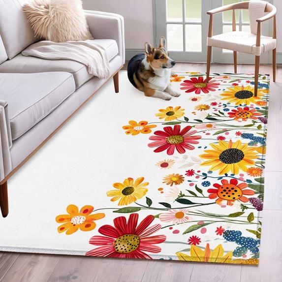 2.7'x5' Area Rugs, Sunflower Indoor Outdoor Area Rug for Living Room Bedroom, Colorful Spring Floral Summer Botanical Washable Bathroom Rugs Kitchen Floor Carpet Mats Home Decor Aesthetic