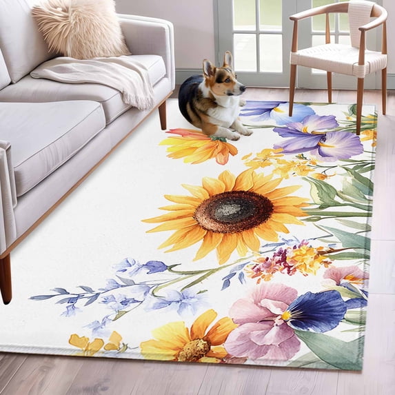 2.7'x5' Area Rugs, Sunflower Indoor Outdoor Area Rug for Living Room Bedroom, Yellow Purple Summer Botanical Vintage Washable Bathroom Rugs Kitchen Floor Carpet Mats Home Decor Aesthetic