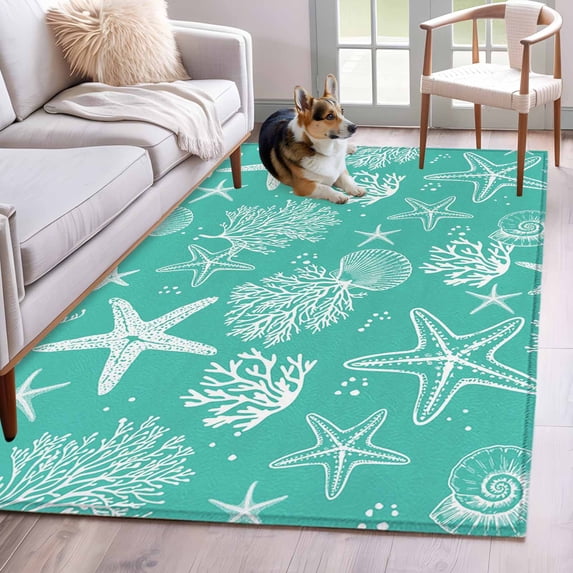 2.7'x5' Area Rugs, Teal Coastal Indoor Outdoor Area Rug for Living Room Bedroom, Nautical Beach Starfish Coral Summer Washable Bathroom Rugs Kitchen Floor Carpet Mats Home Decor Aesthetic